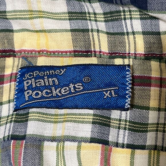 VTG JC Penny Plain Pockets Button Up Short Sleeve Shirt Plaid Men XL Blue Yellow - Picture 2 of 11